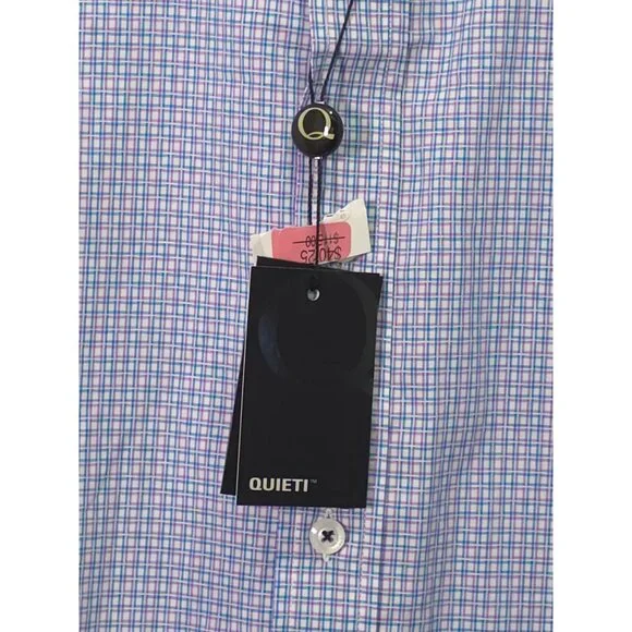 NWT Quieti Men's Large Button-Down Shirt Blue & Purple Checkered Pattern 100% Fi - Picture 2 of 12